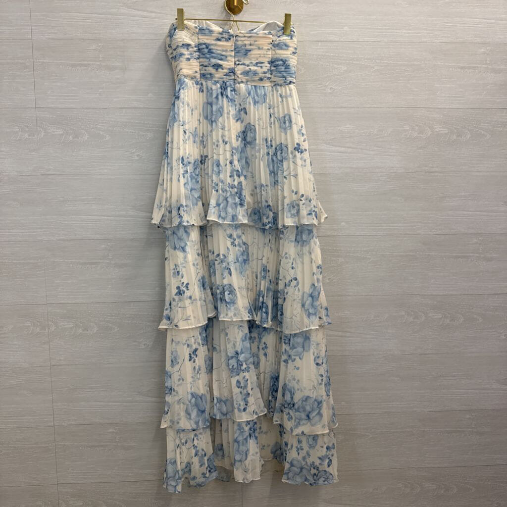 AW Bridal White/ Blue Floral Print Pleated Layered Strapless Maxi Dress 4