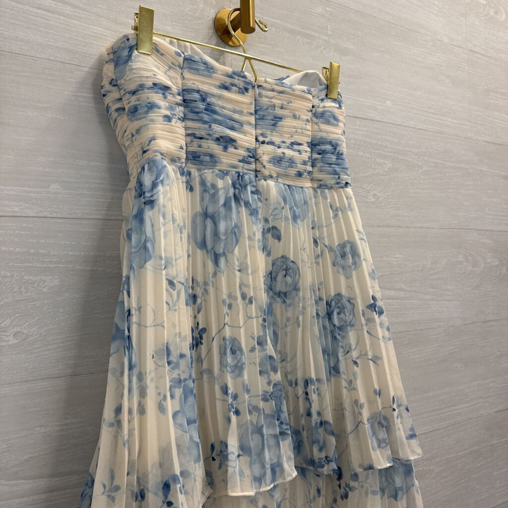 AW Bridal White/ Blue Floral Print Pleated Layered Strapless Maxi Dress 4