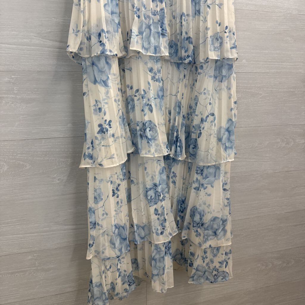 AW Bridal White/ Blue Floral Print Pleated Layered Strapless Maxi Dress 4