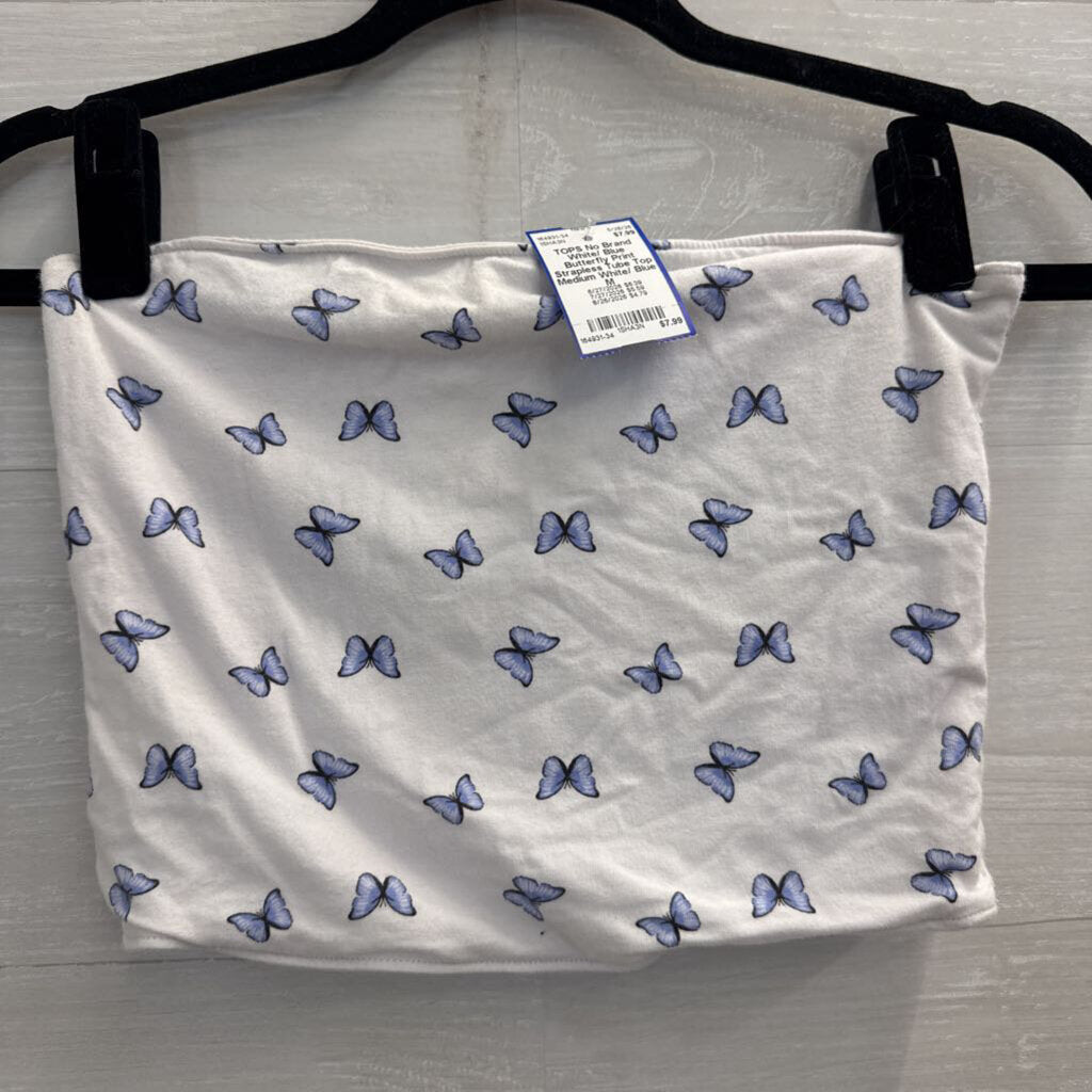 White/ Blue Butterfly Print Strapless Tube Top Medium