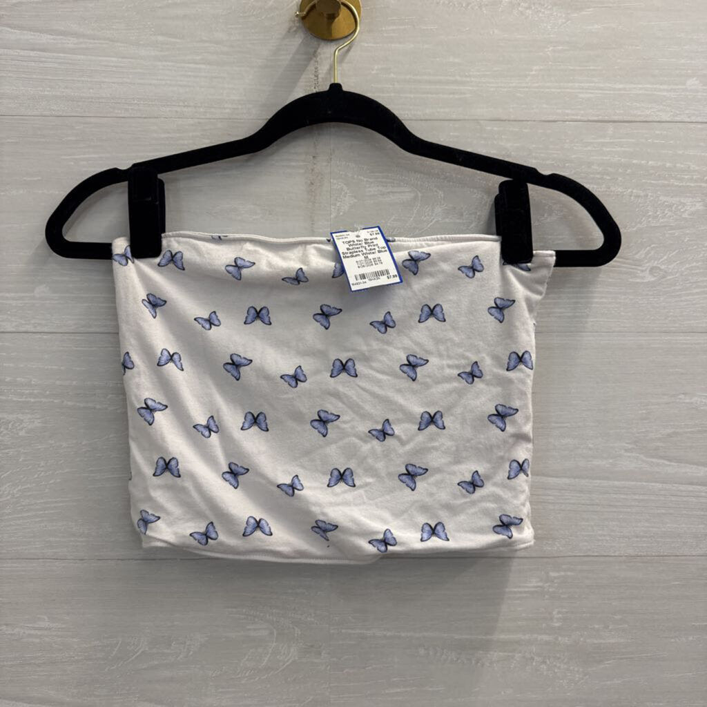 White/ Blue Butterfly Print Strapless Tube Top Medium