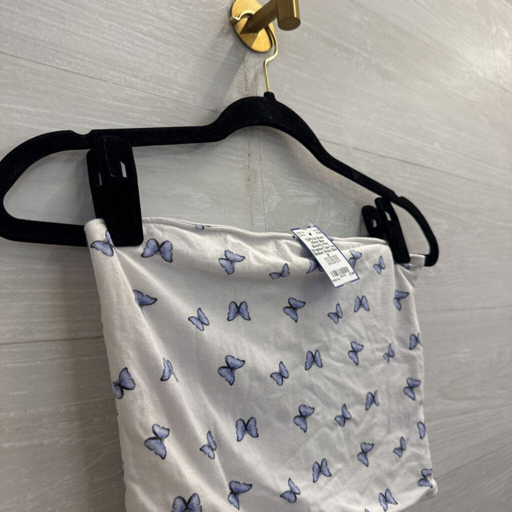 White/ Blue Butterfly Print Strapless Tube Top Medium