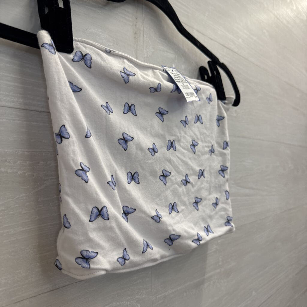 White/ Blue Butterfly Print Strapless Tube Top Medium
