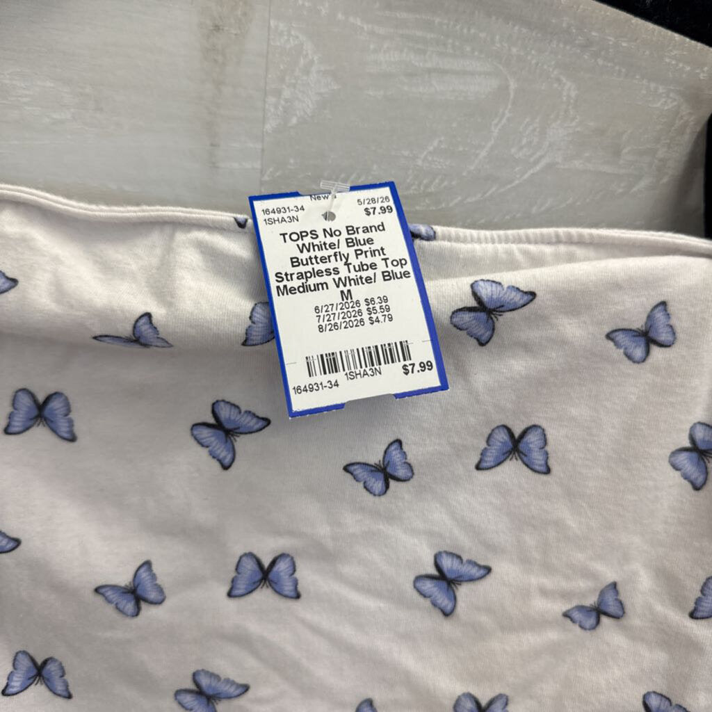 White/ Blue Butterfly Print Strapless Tube Top Medium