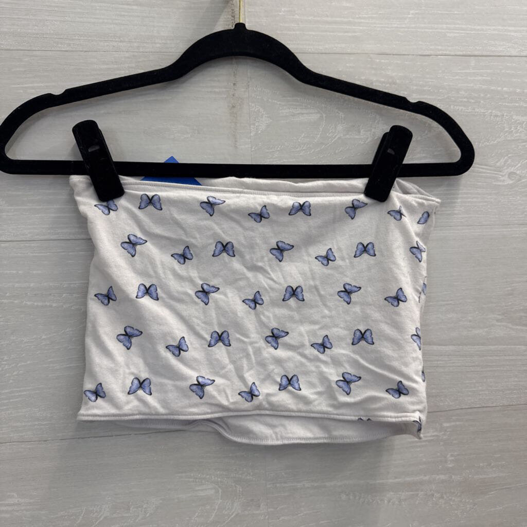 White/ Blue Butterfly Print Strapless Tube Top Medium