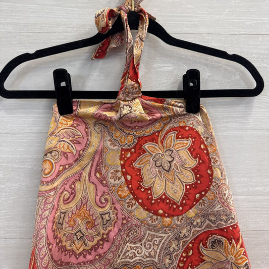 Summerlyn Gold/ Pink/ Red Print Silky Halter/ Tie Back Top Medium