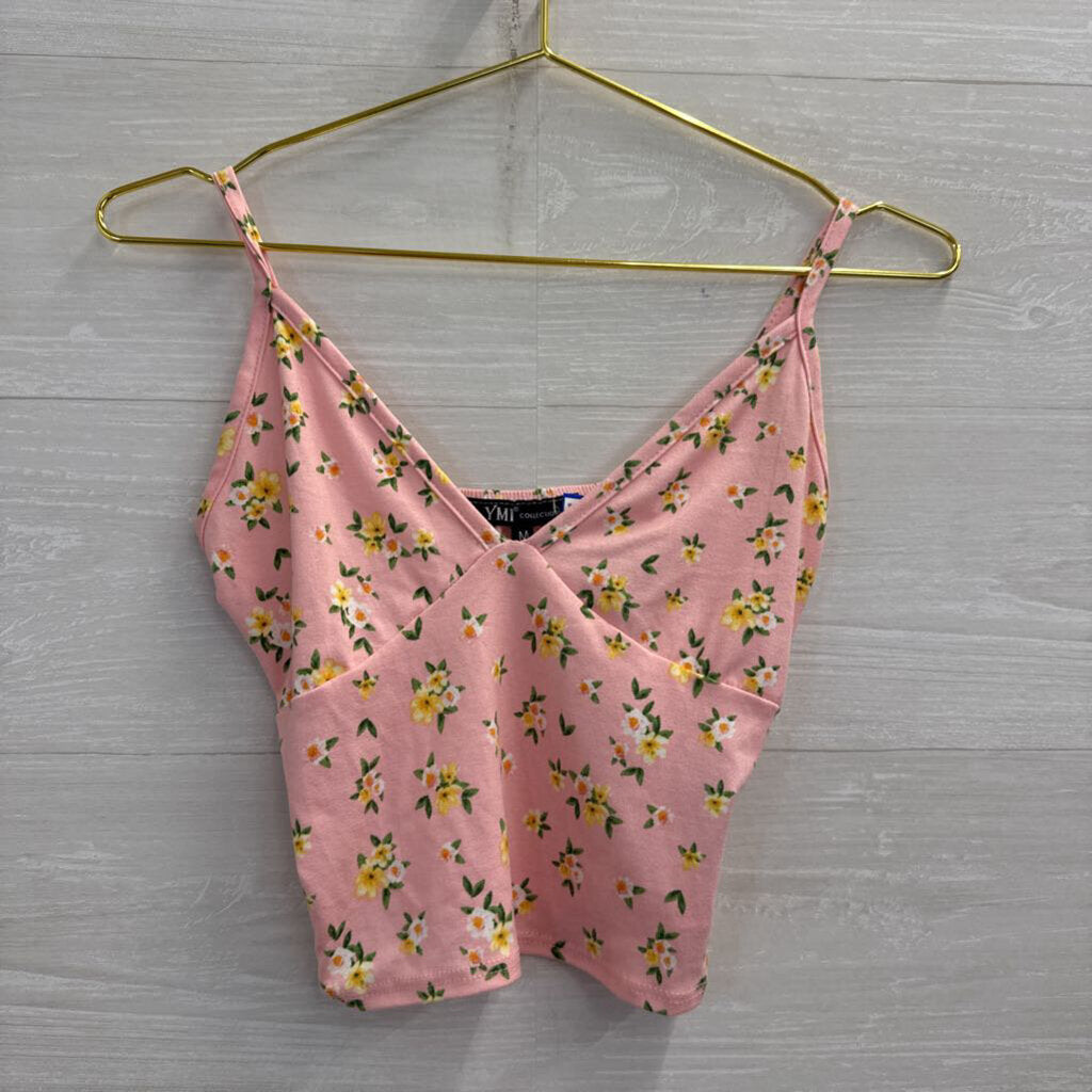 Pink/ Yellow Floral Print Cropped Tank Top Medium
