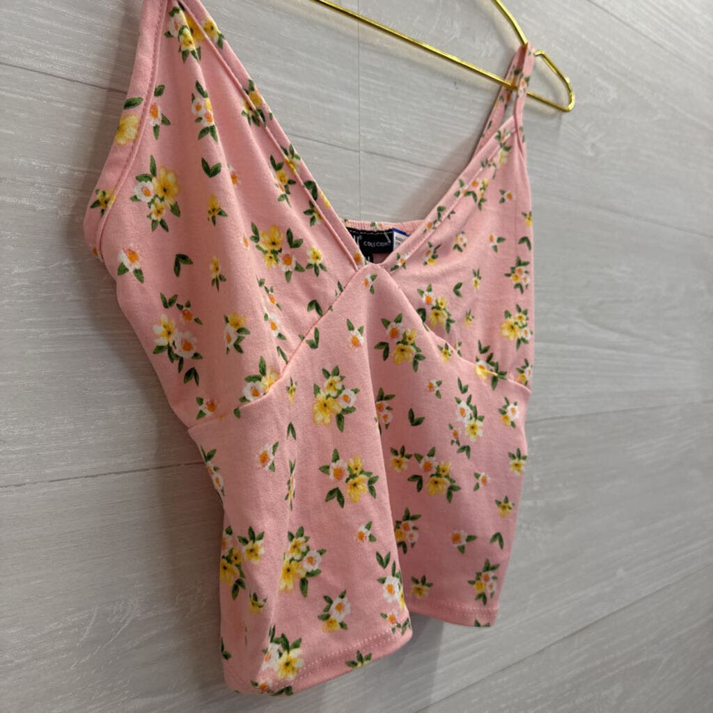 Pink/ Yellow Floral Print Cropped Tank Top Medium