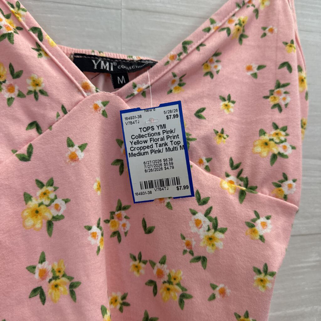 Pink/ Yellow Floral Print Cropped Tank Top Medium