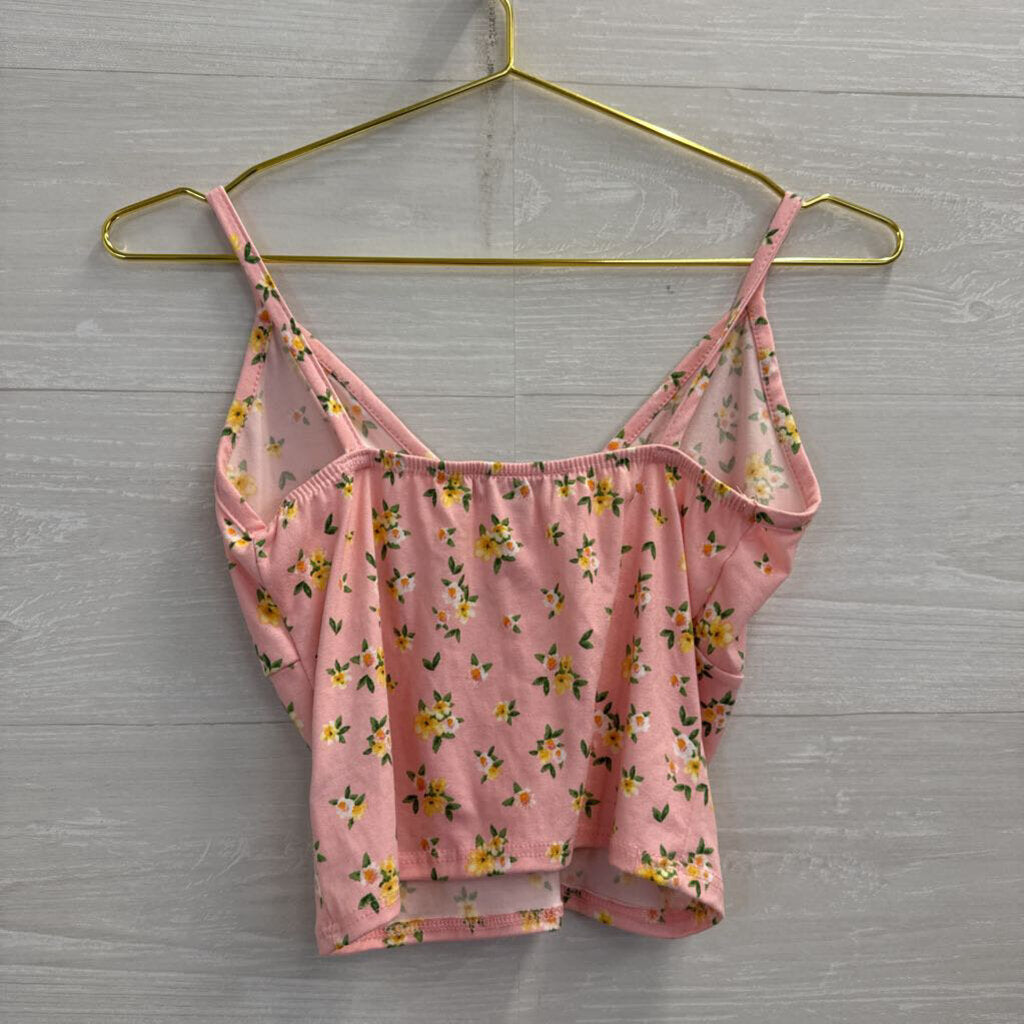 Pink/ Yellow Floral Print Cropped Tank Top Medium