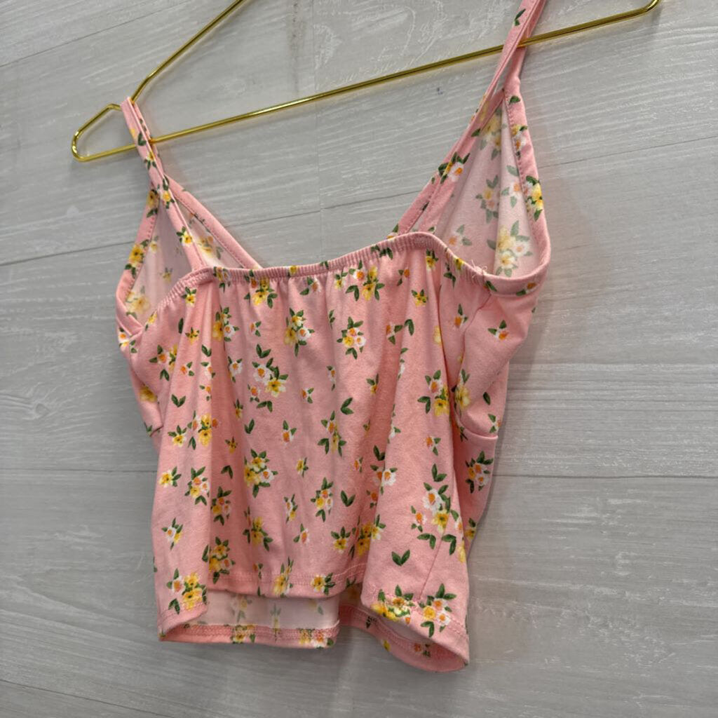 Pink/ Yellow Floral Print Cropped Tank Top Medium