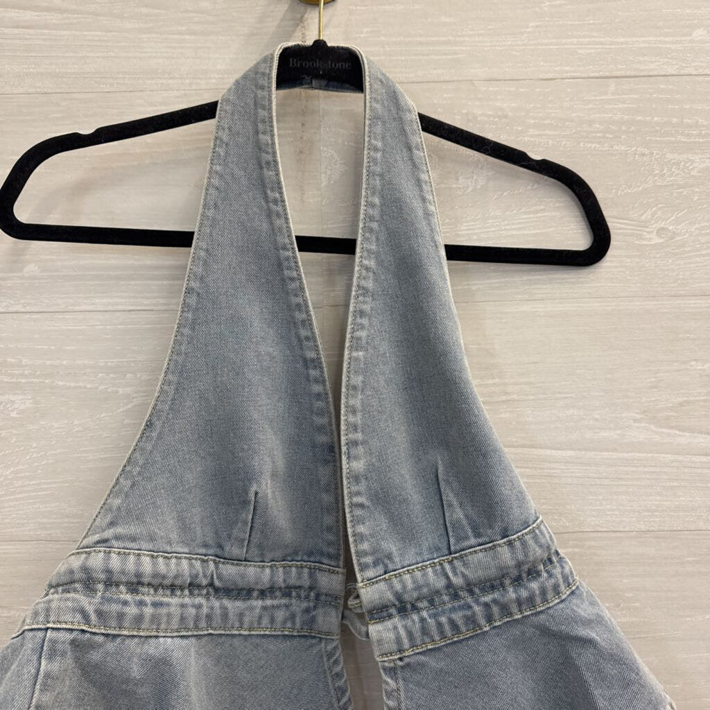 Light Wash Denim Tie Back Halter Top Large