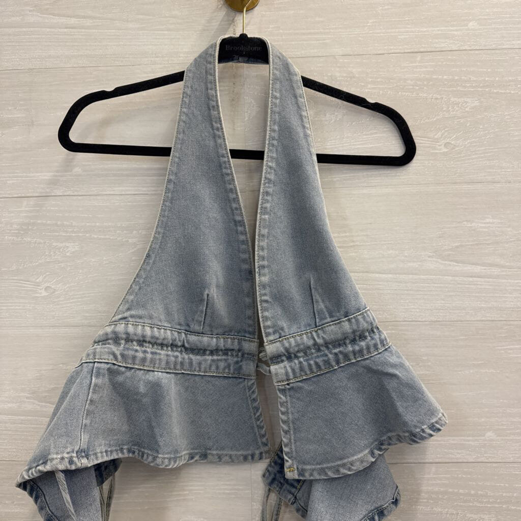 Light Wash Denim Tie Back Halter Top Large
