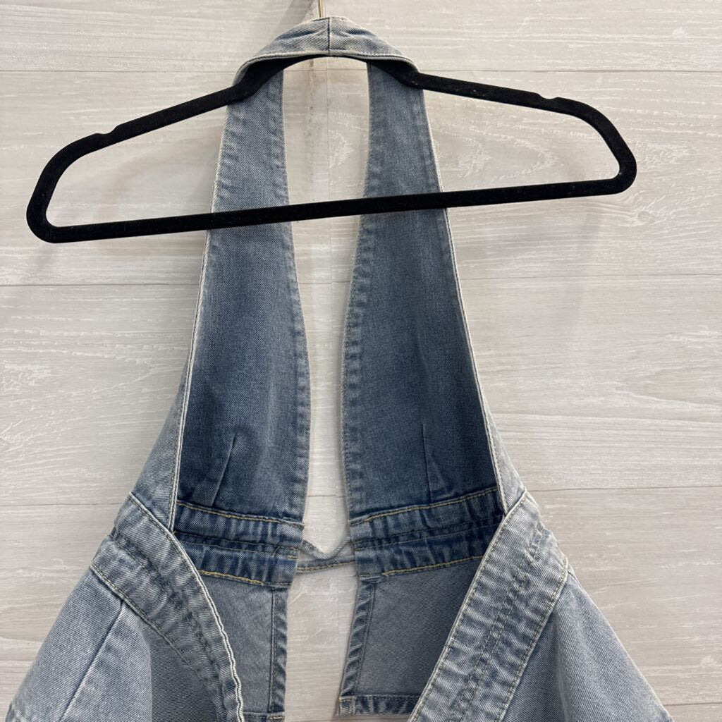 Light Wash Denim Tie Back Halter Top Large