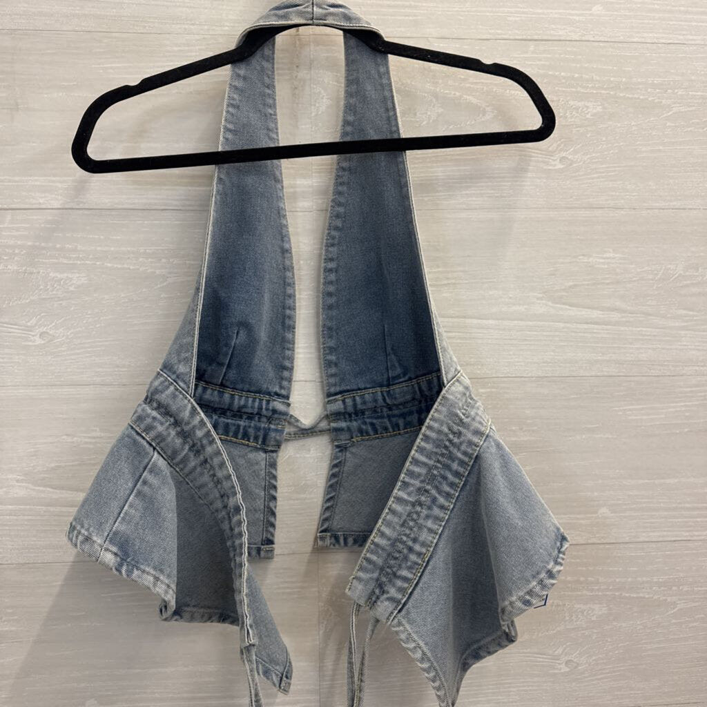 Light Wash Denim Tie Back Halter Top Large