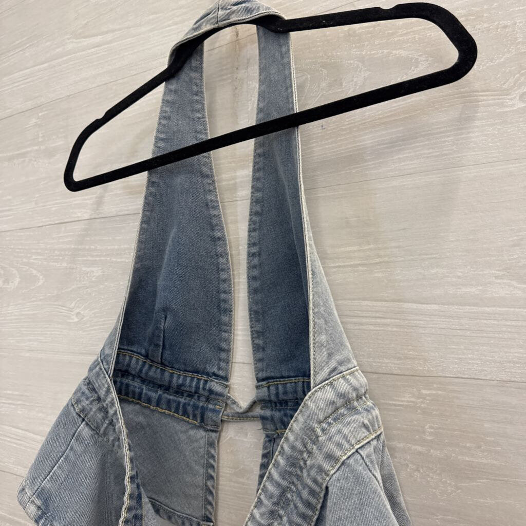 Light Wash Denim Tie Back Halter Top Large