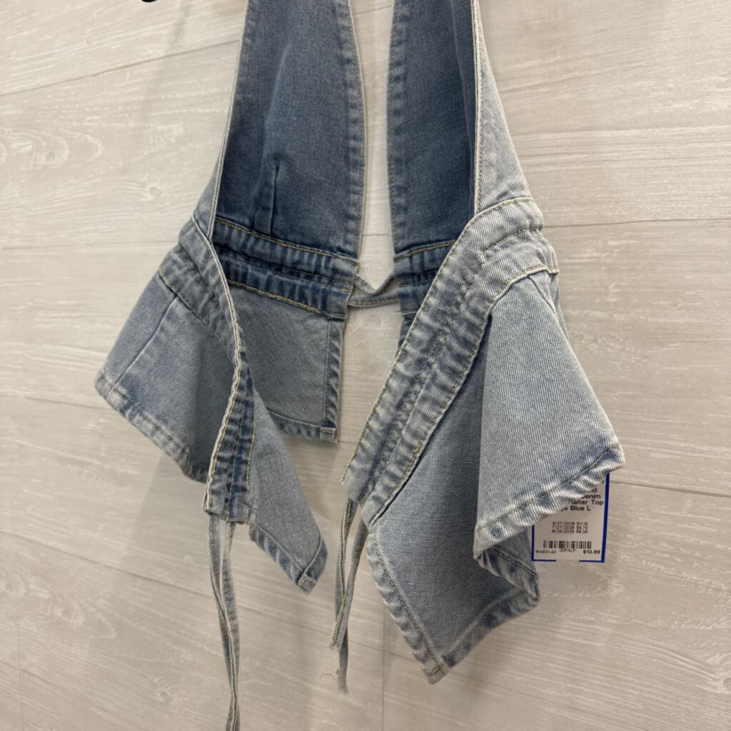 Light Wash Denim Tie Back Halter Top Large