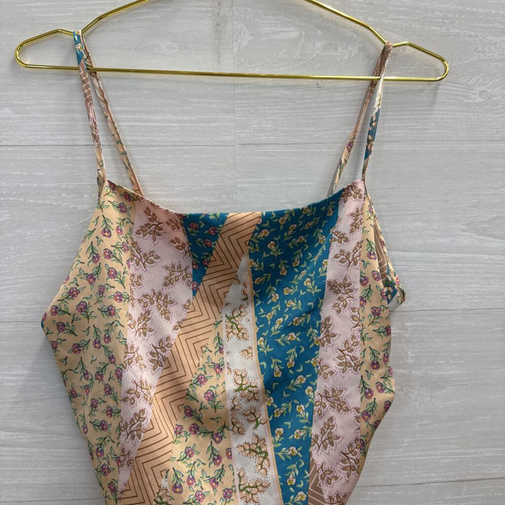 Sans Souci Pink/ Multi Silky Print Cropped Tank Top Medium