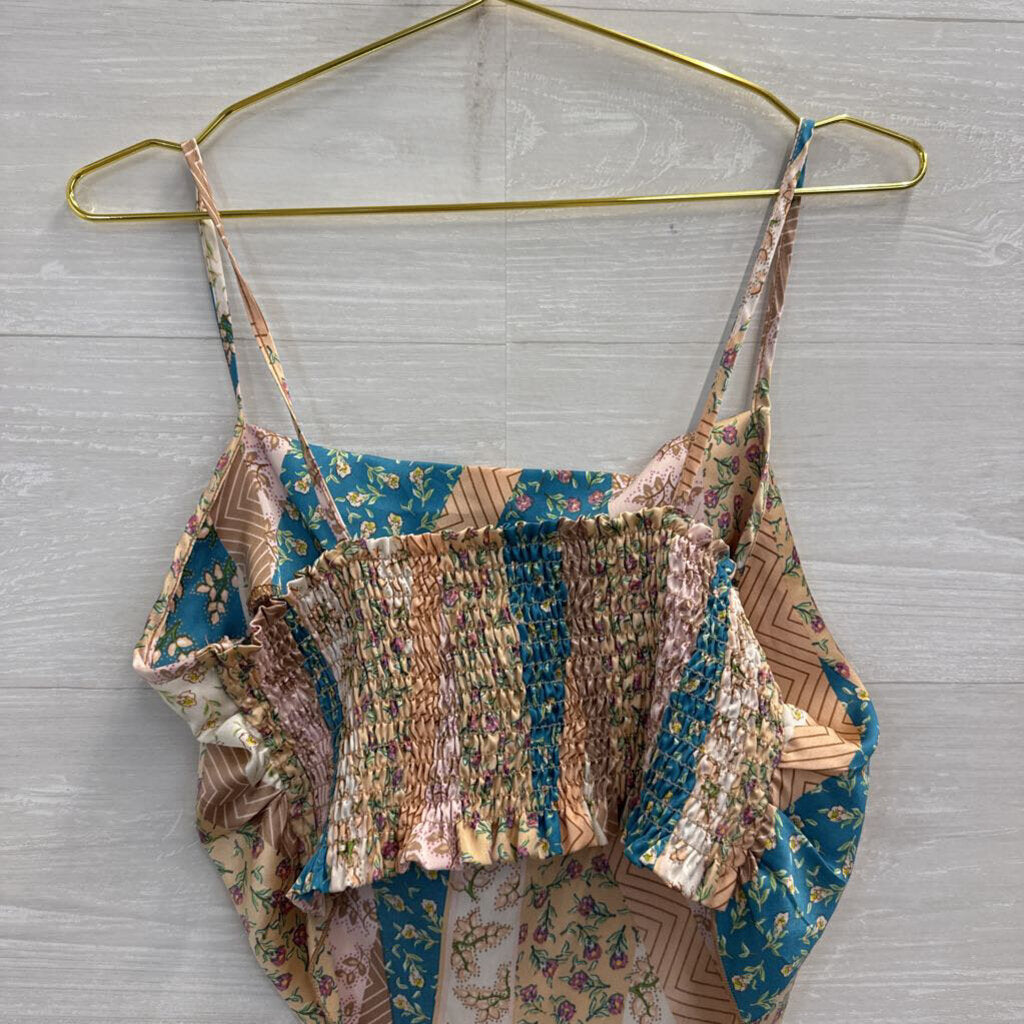 Sans Souci Pink/ Multi Silky Print Cropped Tank Top Medium