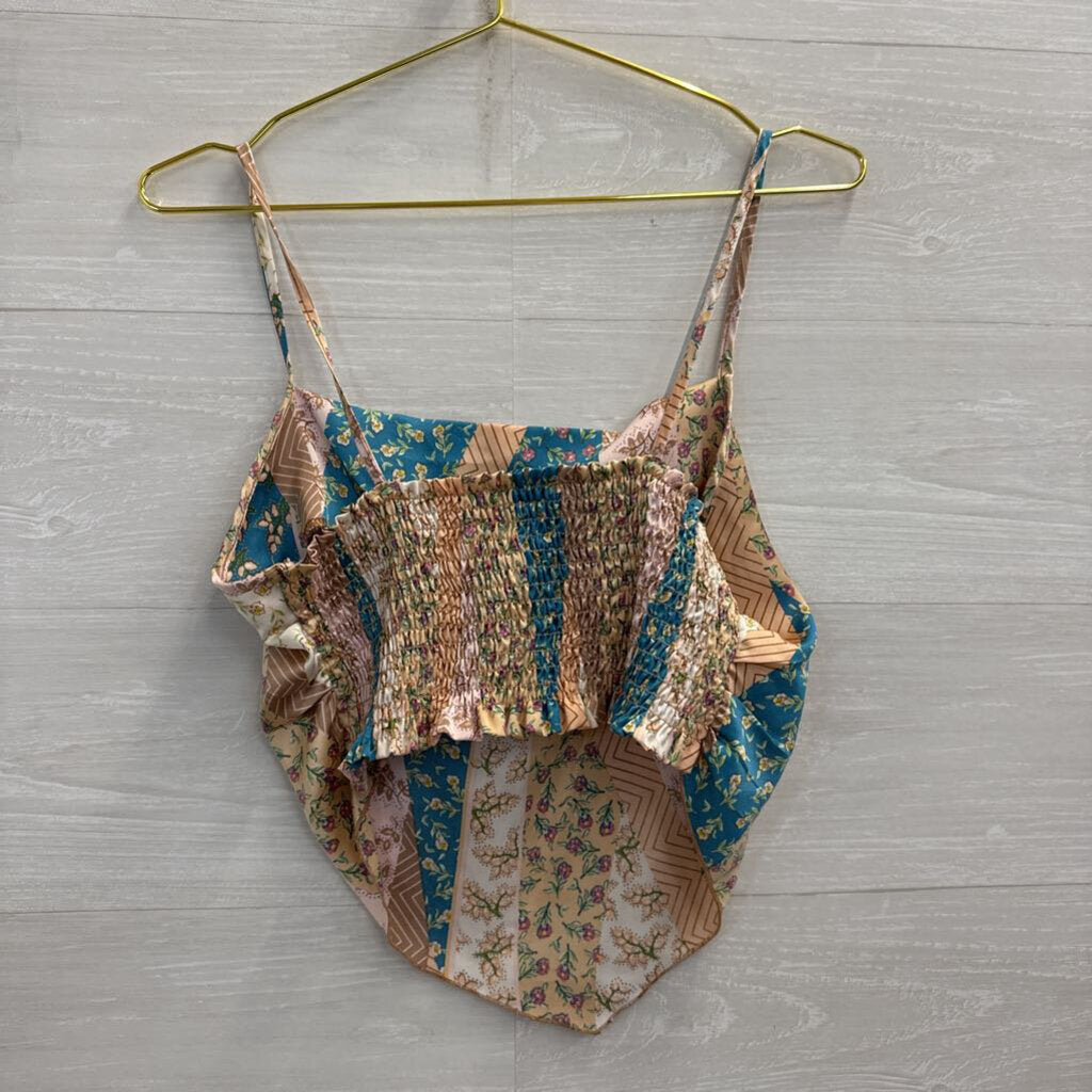 Sans Souci Pink/ Multi Silky Print Cropped Tank Top Medium