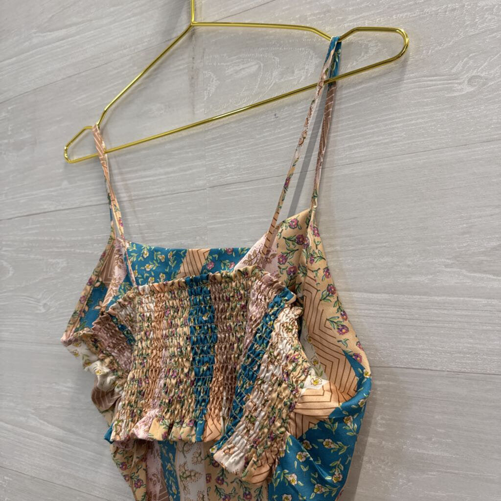 Sans Souci Pink/ Multi Silky Print Cropped Tank Top Medium
