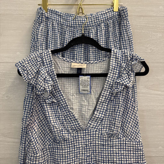 White/ Blue Checkered Print Short Sleeve Top/ Midi Skirt Set Extra Large