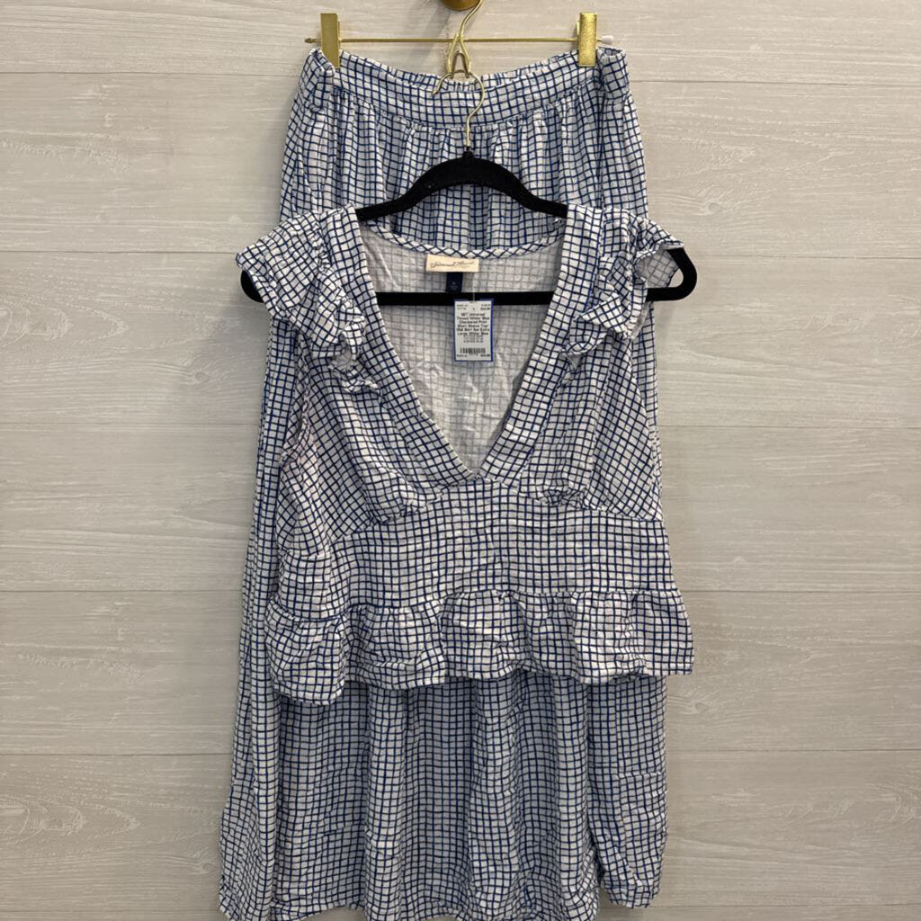 White/ Blue Checkered Print Short Sleeve Top/ Midi Skirt Set Extra Large