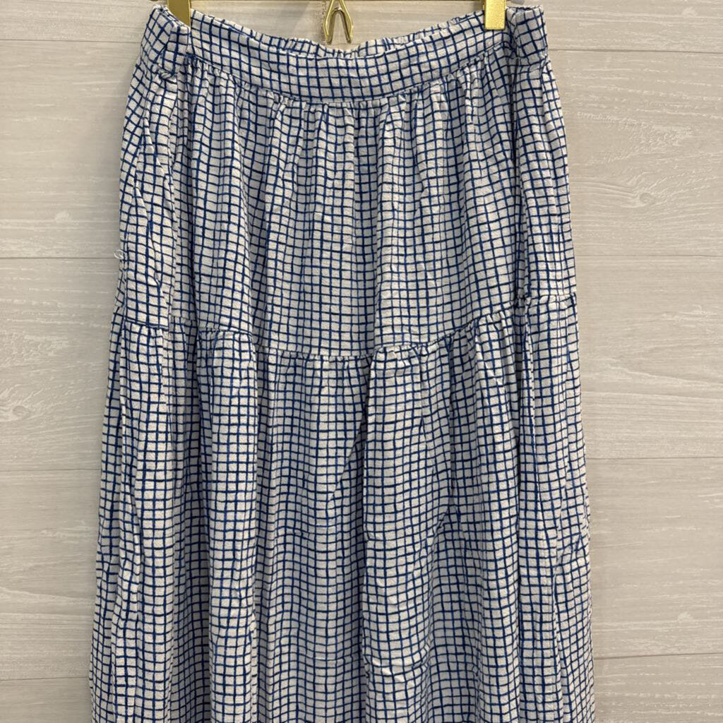 White/ Blue Checkered Print Short Sleeve Top/ Midi Skirt Set Extra Large
