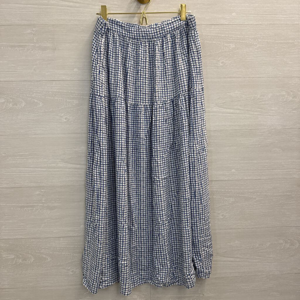 White/ Blue Checkered Print Short Sleeve Top/ Midi Skirt Set Extra Large