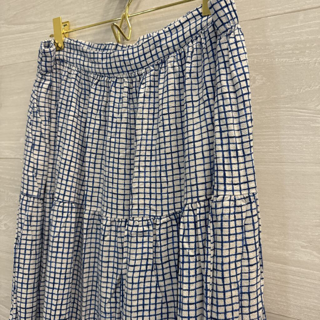 White/ Blue Checkered Print Short Sleeve Top/ Midi Skirt Set Extra Large