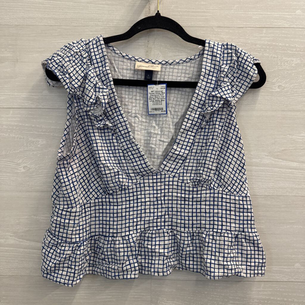 White/ Blue Checkered Print Short Sleeve Top/ Midi Skirt Set Extra Large