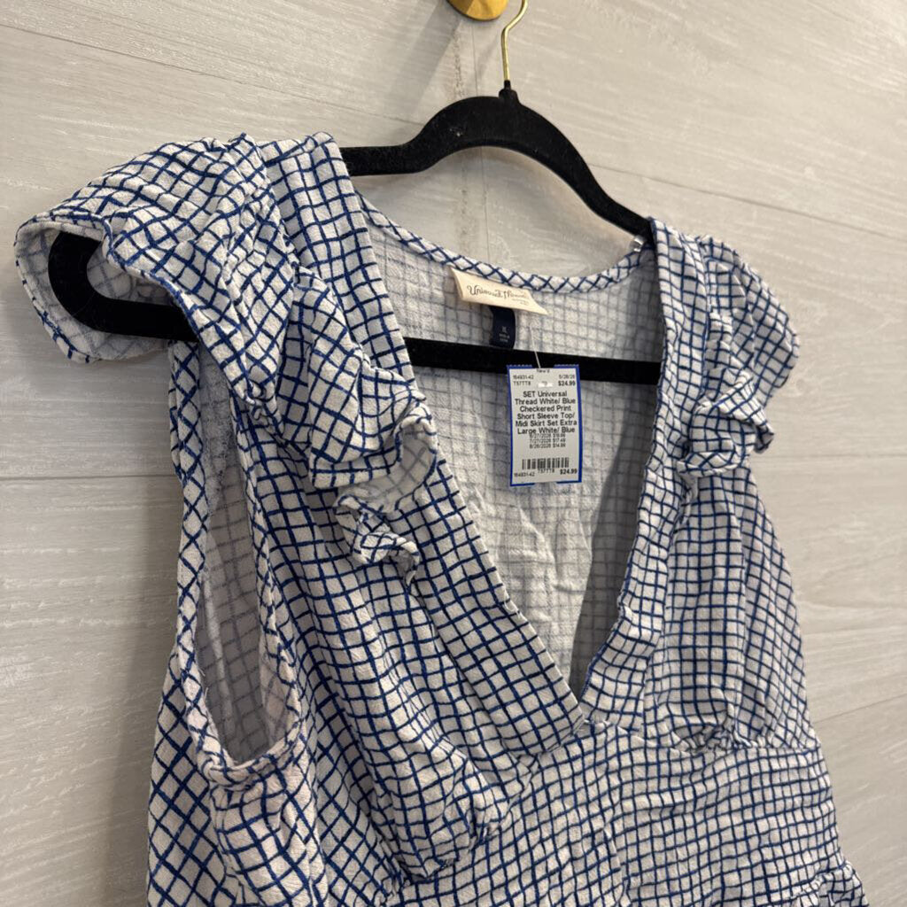 White/ Blue Checkered Print Short Sleeve Top/ Midi Skirt Set Extra Large