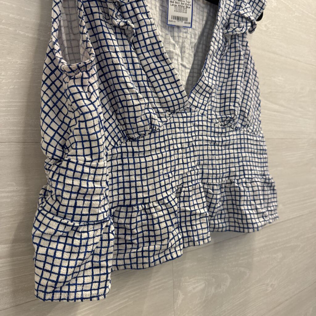 White/ Blue Checkered Print Short Sleeve Top/ Midi Skirt Set Extra Large