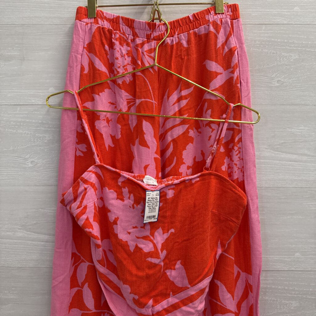 Sienna Sky Pink/ Red Print Cropped Tank/ Wide Leg Pants Set Large