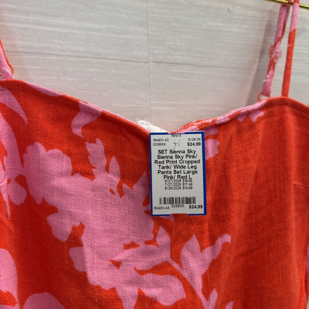 Sienna Sky Pink/ Red Print Cropped Tank/ Wide Leg Pants Set Large