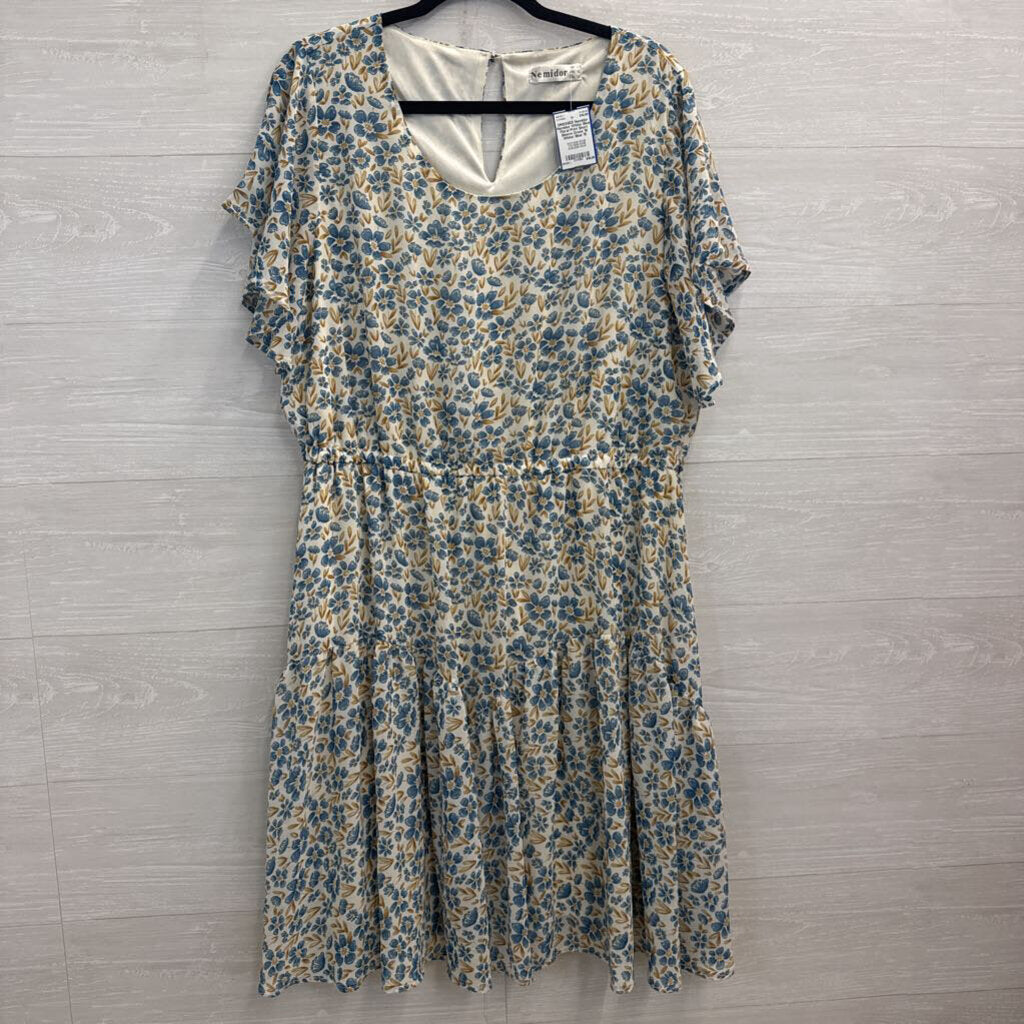 Nemidor White/ Blue Floral Print Short Sleeve Dress 18