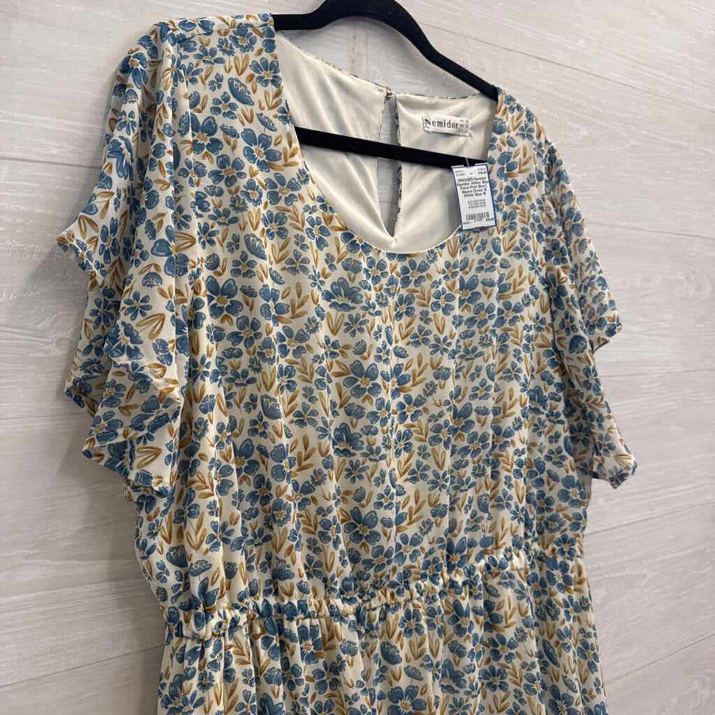 Nemidor White/ Blue Floral Print Short Sleeve Dress 18