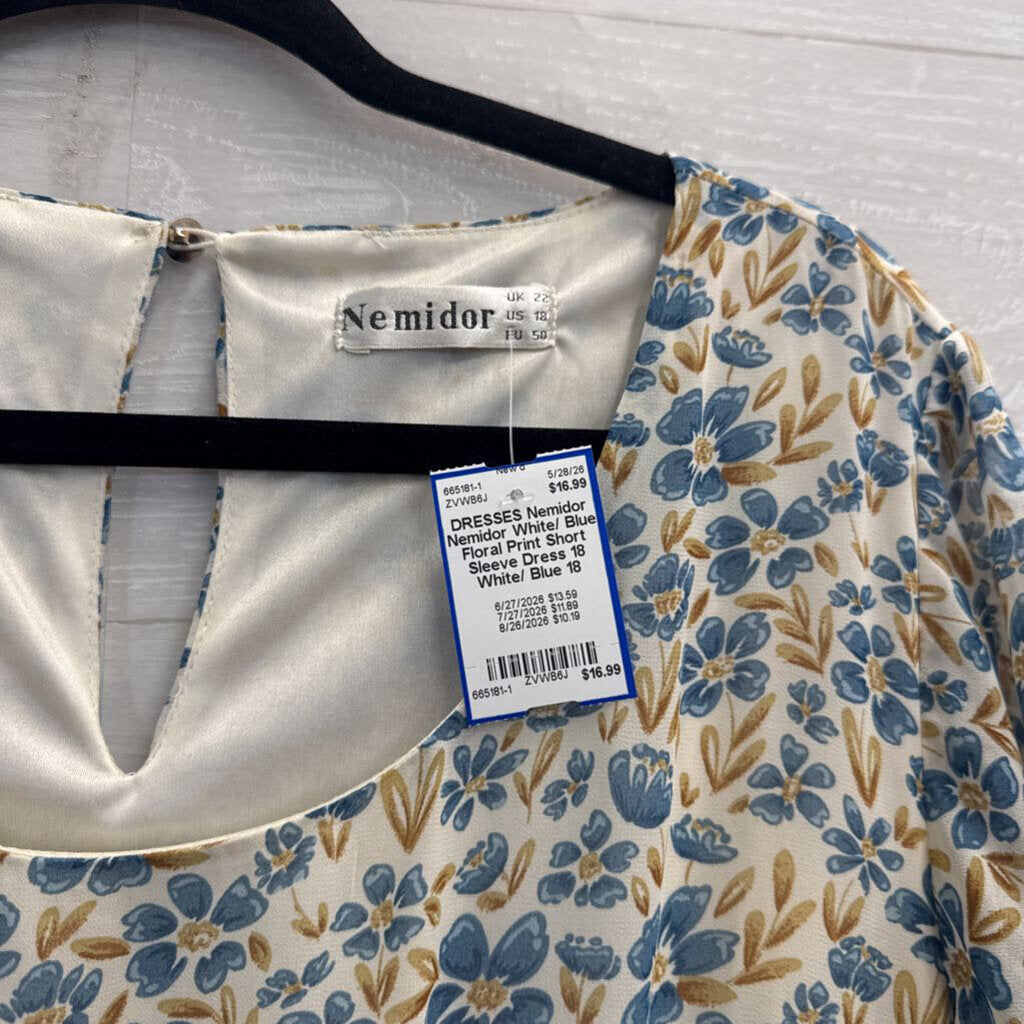 Nemidor White/ Blue Floral Print Short Sleeve Dress 18