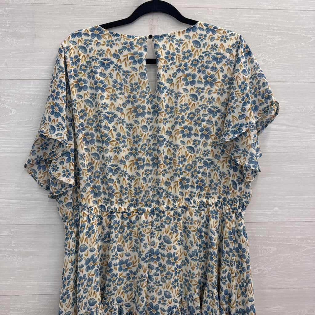 Nemidor White/ Blue Floral Print Short Sleeve Dress 18
