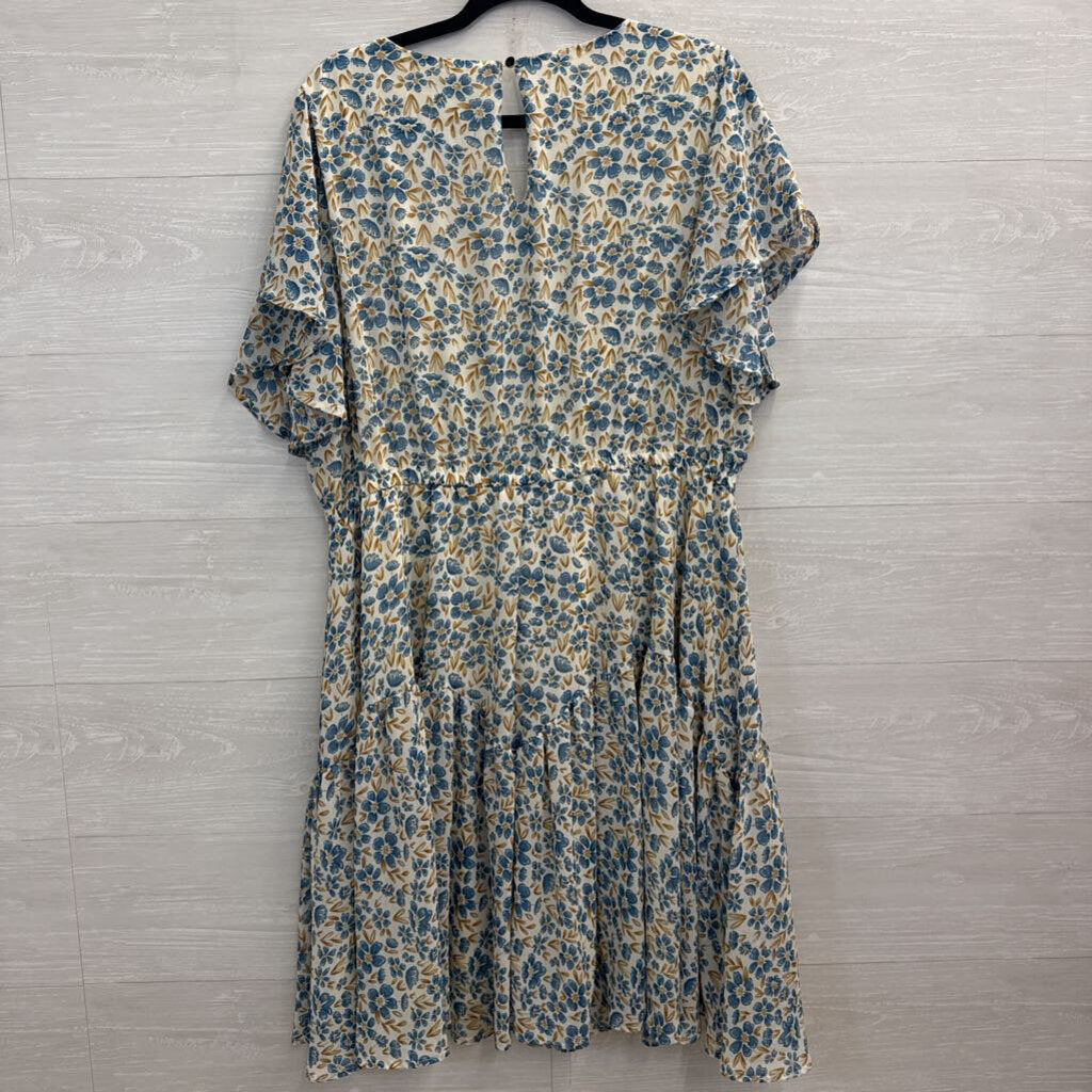 Nemidor White/ Blue Floral Print Short Sleeve Dress 18