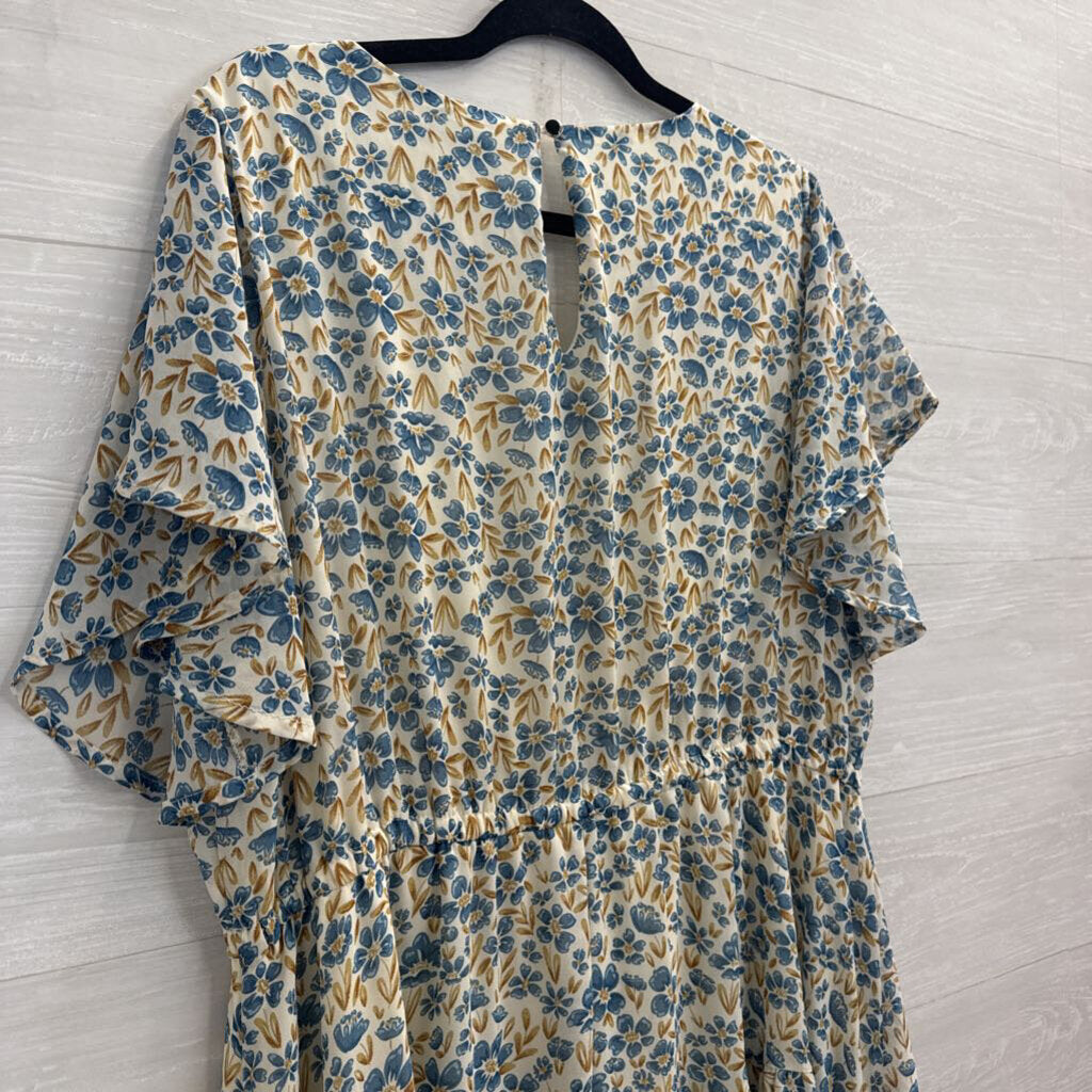 Nemidor White/ Blue Floral Print Short Sleeve Dress 18