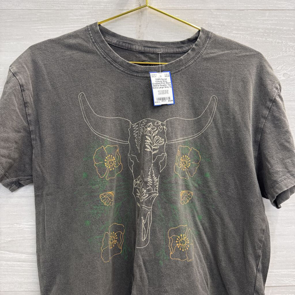Grey Cropped Print Short Sleeve Graphic Tee Extra Large
