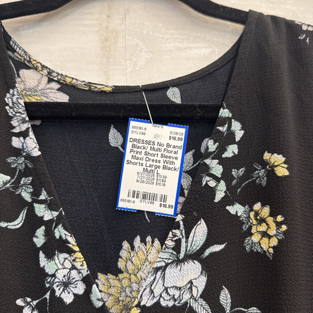 Black/ Multi Floral Print Short Sleeve Maxi Dress With Shorts Large