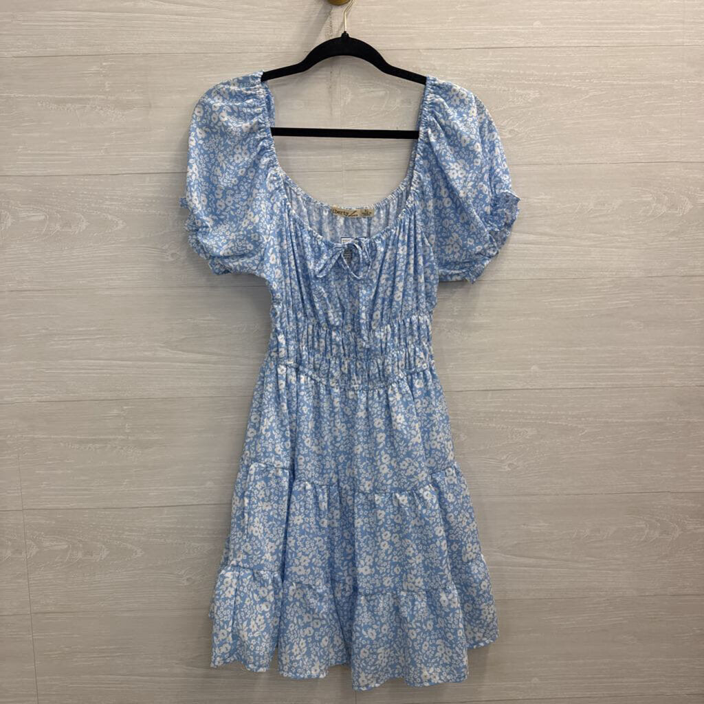 Liberty Love Blue/ White Floral Print Short Puff Sleeve Dress Extra Large