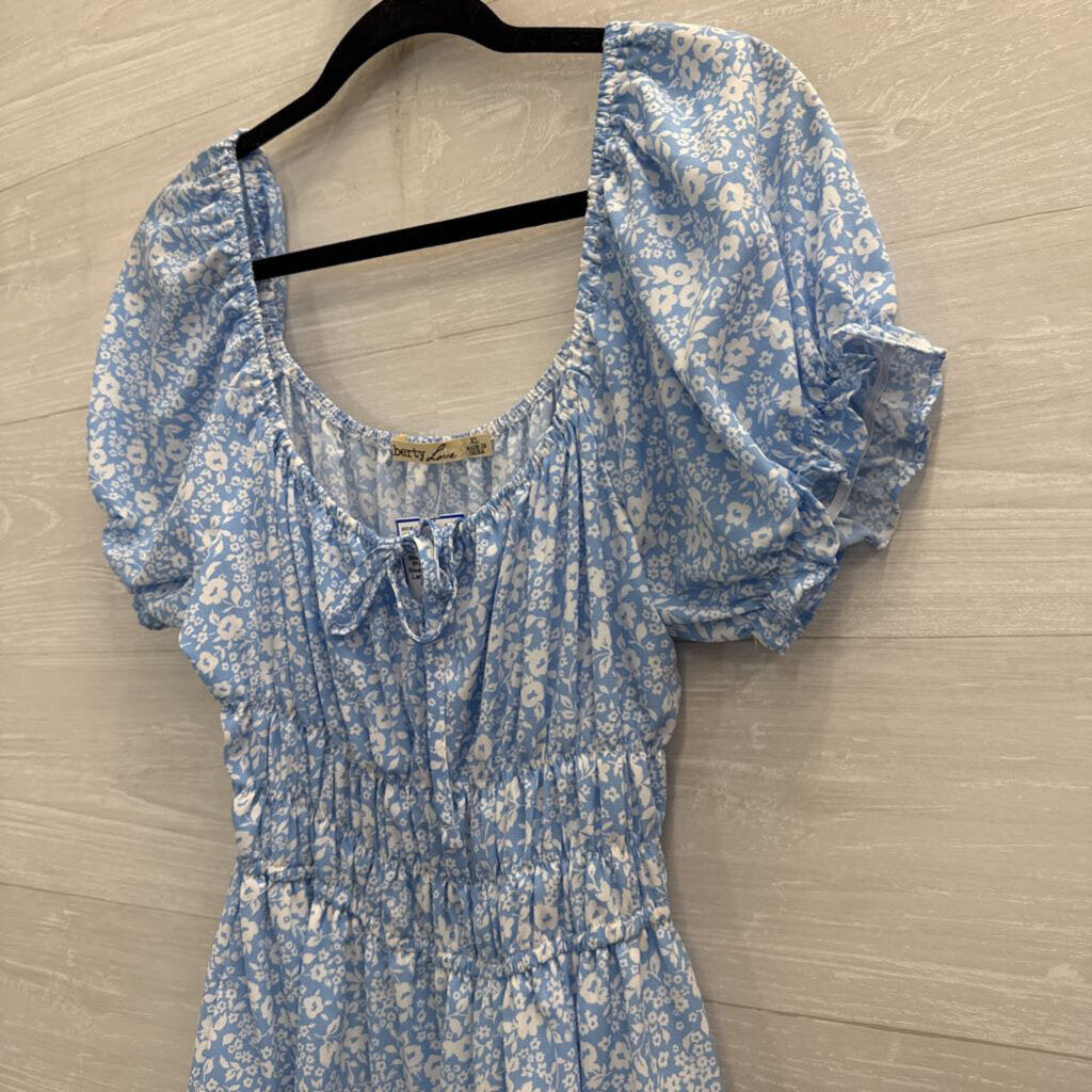 Liberty Love Blue/ White Floral Print Short Puff Sleeve Dress Extra Large