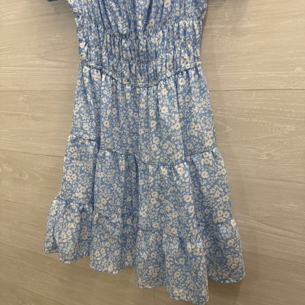 Liberty Love Blue/ White Floral Print Short Puff Sleeve Dress Extra Large