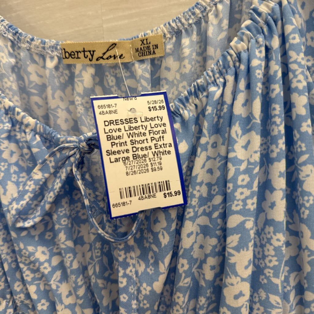 Liberty Love Blue/ White Floral Print Short Puff Sleeve Dress Extra Large