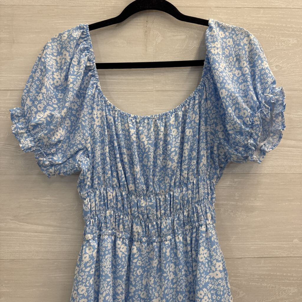 Liberty Love Blue/ White Floral Print Short Puff Sleeve Dress Extra Large