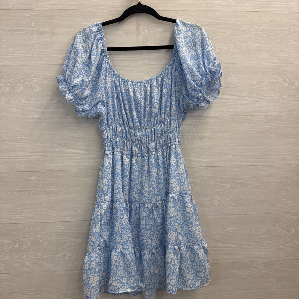 Liberty Love Blue/ White Floral Print Short Puff Sleeve Dress Extra Large