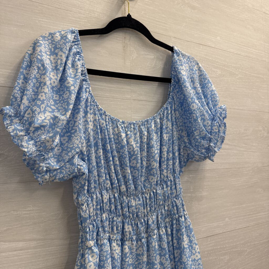 Liberty Love Blue/ White Floral Print Short Puff Sleeve Dress Extra Large